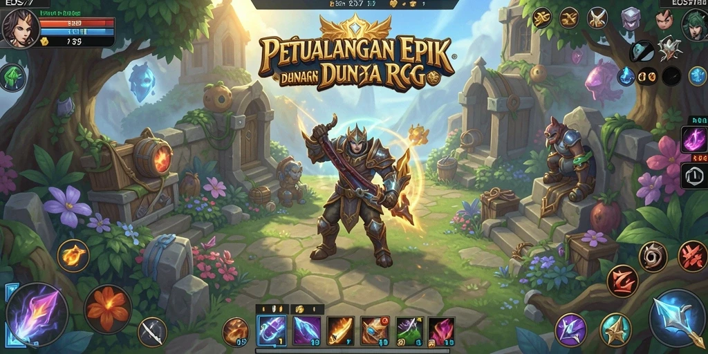 Screenshot utama gameplay EOS77 dengan pemandangan epic dunia RPG.