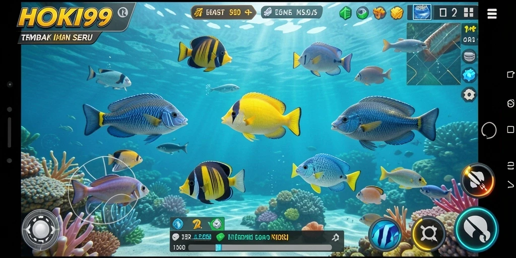 Tampilan gameplay HOKI99 saat menangkap ikan dengan senjata yang beragam.