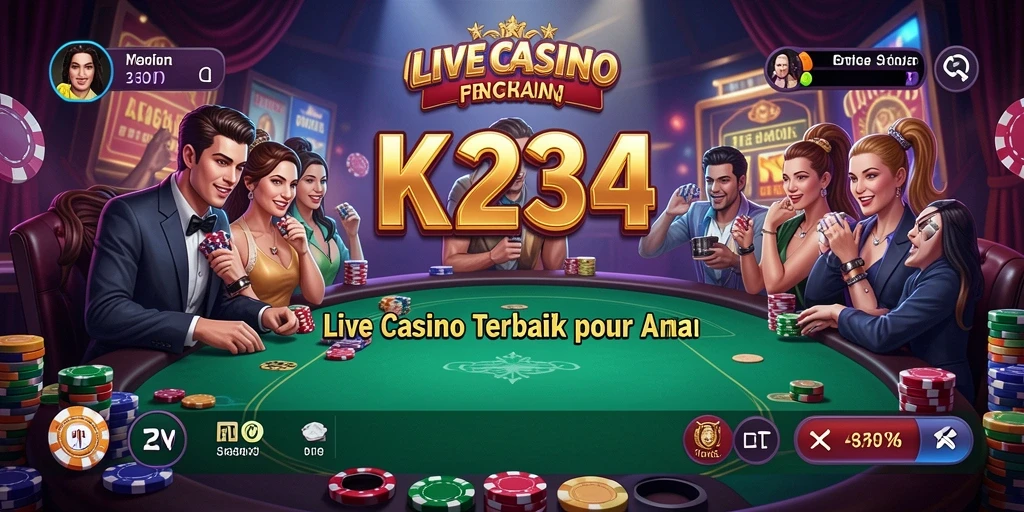 Screenshot K234 menunjukkan dealer cantik dan suasana kasino yang meriah.