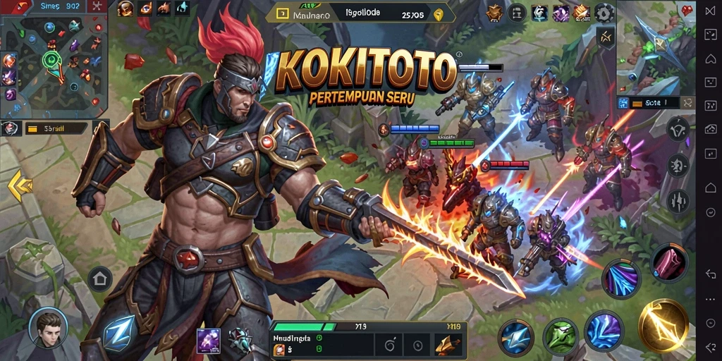 Screenshot gameplay KOKITOTO menampilkan aksi pertempuran seru di arena MOBA.