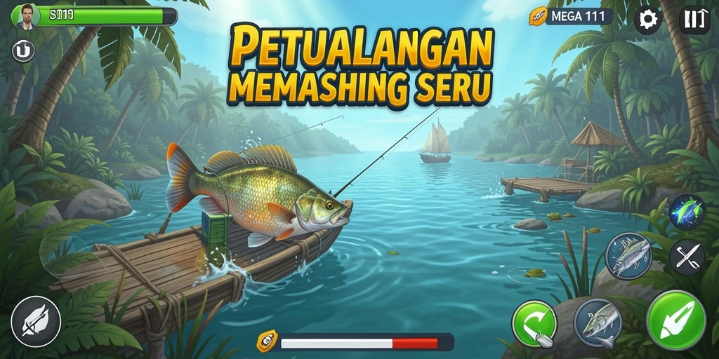 Gameplay MEGA111 menampilkan momen seru saat menangkap ikan.