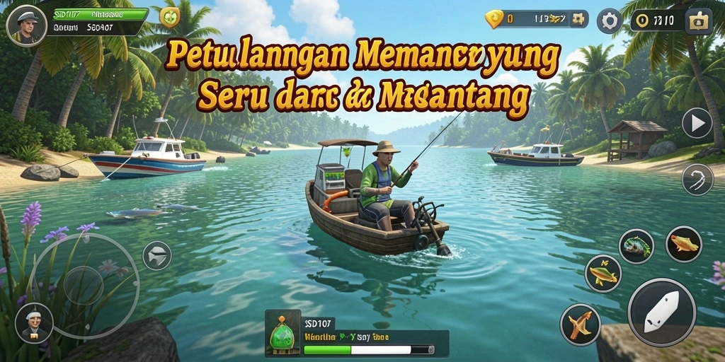 Tampilan gameplay <strong>SD107</strong> saat menangkap ikan di lokasi yang indah.