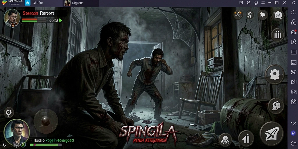 Screenshot gameplay SPINGILA menampilkan suasana horor yang mencekam.