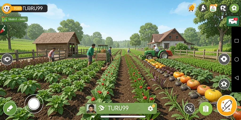 Tangkapan layar gameplay TURU99 dengan aktivitas pertanian yang dinamis.