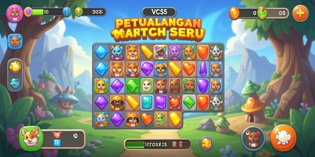 Tampilan screenshot utama VC55 menampilkan gameplay Match-3 yang penuh warna.