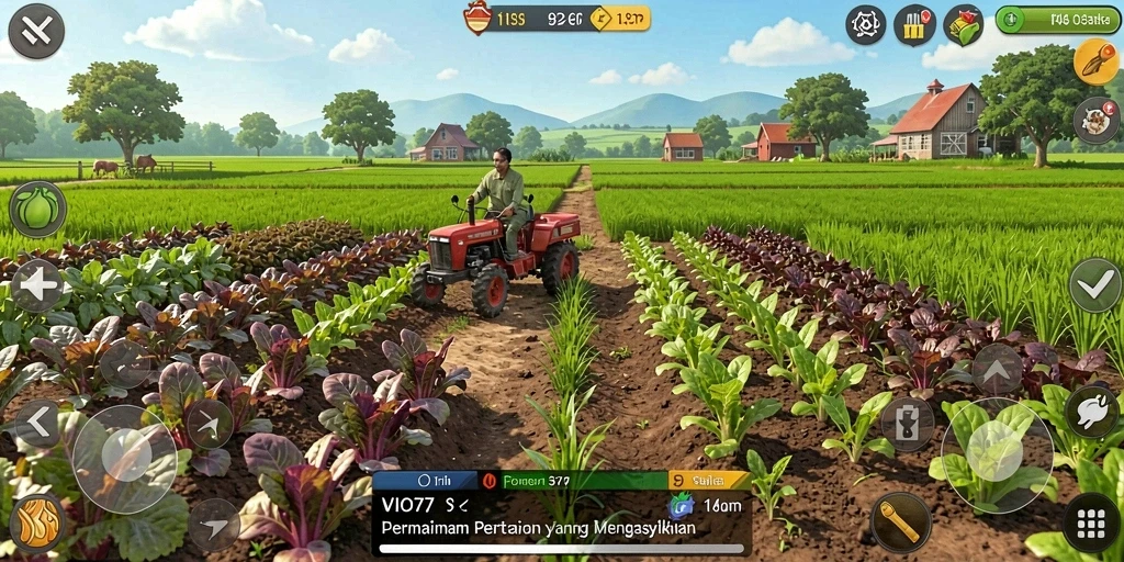 Tampilan gameplay VIO77 menampilkan ladang subur dan aktivitas bertani.